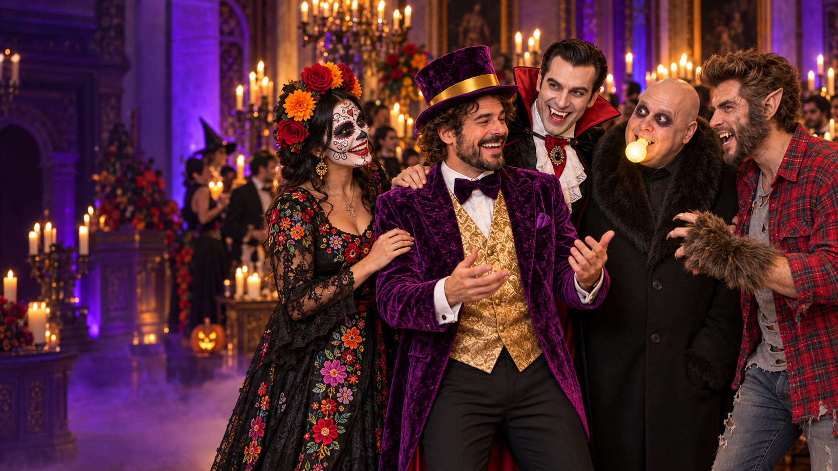 Magician host enjoying the party with Catrina, Dracula, Uncle Fester and a human werewolf