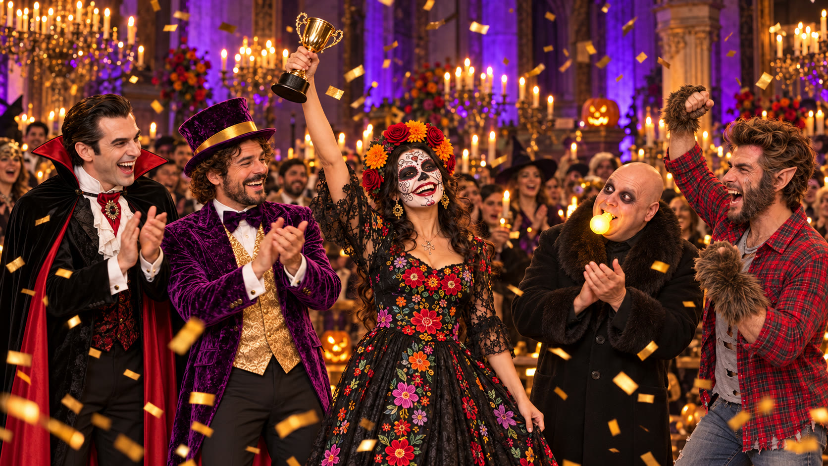 Catrina raising her trophy while the magician host and costumed guests celebrate