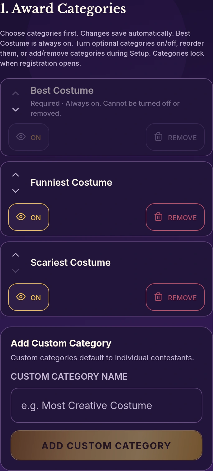 Actual award category settings during Setup