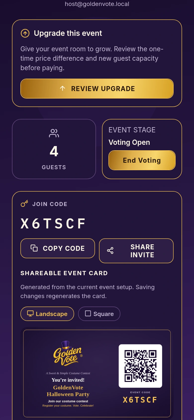 Actual GoldenVote host dashboard showing demo voting stage and invitation controls