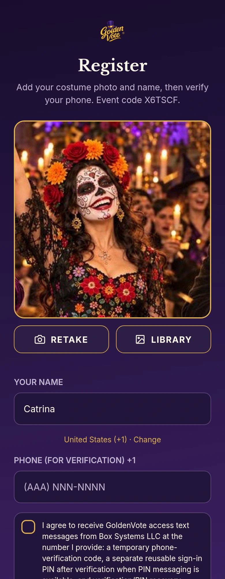 Actual registration form with Catrina's selected demonstration photo and name