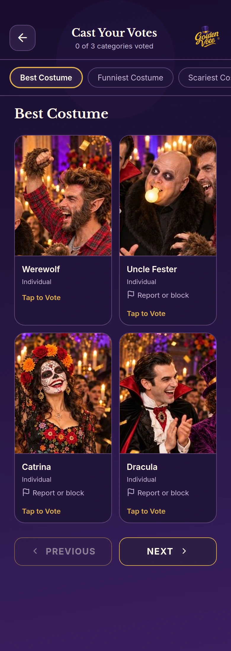 Actual voting screen with photos and visible names Catrina, Dracula, Uncle Fester and Werewolf