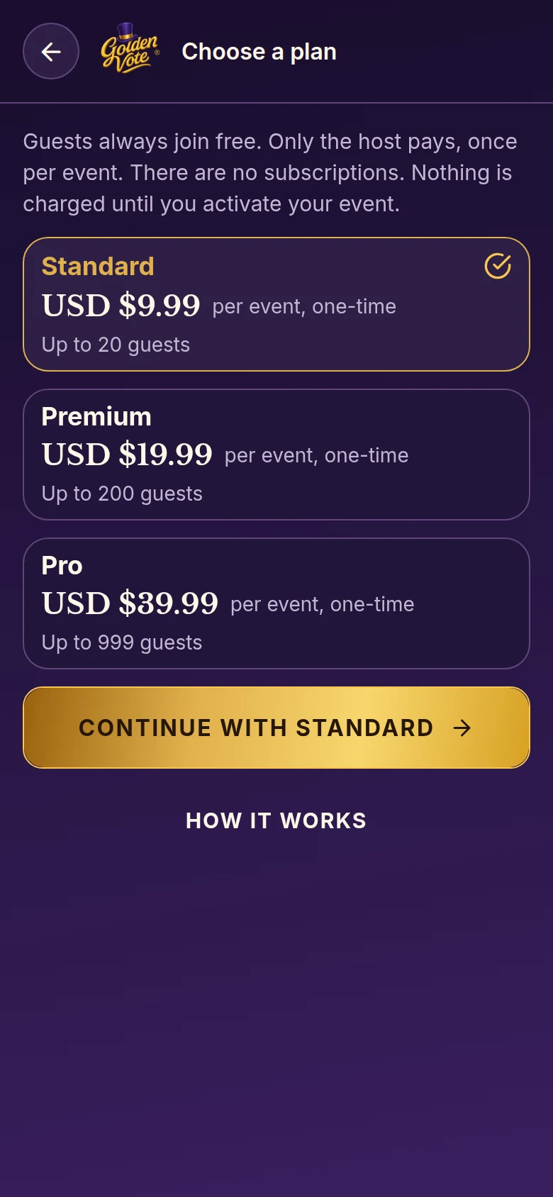 GoldenVote Choose a plan screen with Standard, Premium and Pro plans